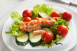 Healthy business lunch in office, vegetables and salmon closeup