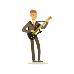 Sticker - Male musician wearing a classic suit playing guitar vector Illustration