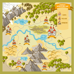 Canvas Print - Fantasy Advernture map elements with colorful doodle hand draw in vector illustration