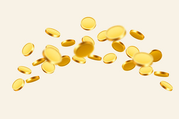 Falling coins, falling money, flying gold coins, golden rain. Jackpot or success concept. Modern background.