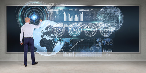 Poster - Businessman using graph screens interface on a board 3D rendering