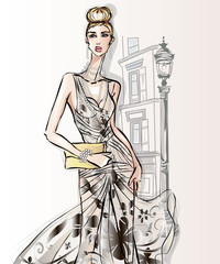 Wall Mural - Young beautiful sexy woman in fashion sketch style. Street style girl with clutch at city background vector