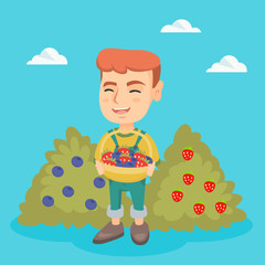 Wall Mural - Caucasian boy holding the basket of strawberries and blueberries. Little boy standing on the background of the bushes of strawberries and blueberries. Vector sketch cartoon illustration. Square layout