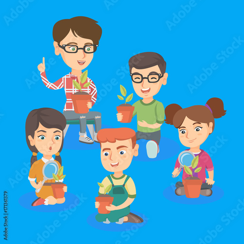 Young Caucasian Teacher With Kids Learning About Plants At Biology Lesson Teacher And Children Holding Plants In Pots And Learning Gardening Vector Sketch Cartoon Illustration Square Layout Buy This Stock Vector