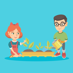 Wall Mural - Caucasian boy and girl planting a sprout. Boy in garden gloves watering a sprout with a watering can and girl sitting near newly planted sprouts. Vector sketch cartoon illustration. Square layout.