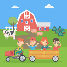Little Caucasian Boy Driving A Tractor With His Friends In Hindcarriage In The Farm. Children Enjoying A Ride In A Tractor In The Backyard Of Farm. Vector Sketch Cartoon Illustration. Square Layout.