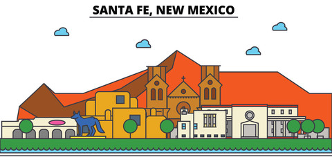 Wall Mural - Santa Fe, New Mexico. City skyline: architecture, buildings, streets, silhouette, landscape, panorama, landmarks. Editable strokes. Flat design line vector illustration concept. Isolated icons