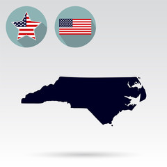 Map of the U.S. state of North Carolina on a white background. American flag, star