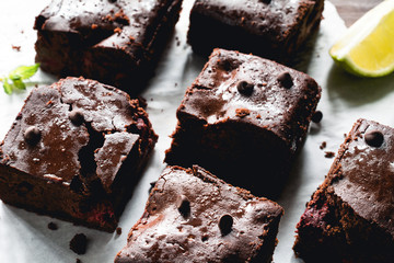 Wall Mural - Homemade dark chocolate brownie squares closeup view