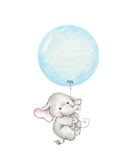 cute elephant flying on a blue balloon