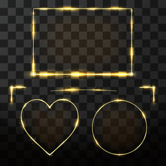 Leinwandbilder - Vector golden frame set with glow effect. Neon rectangle, circle and heart frame with glitter effect