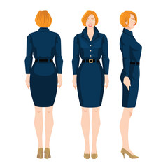 Wall Mural - Vector illustration of redhead woman in formal dress and beige shoes on high heel on white background. Various turns woman's figure. Front view and back view.