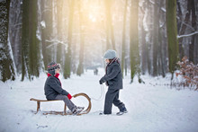 Happy Children In A Winter Park, Playing Together With A Sledge