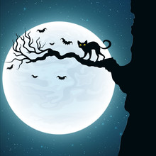 Background For Halloween. Black Cat On The Tree. Bats Fly Against The Background Of The Full Moon. Vector