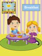 Cute little boy and girl eating. Vector illustration. 