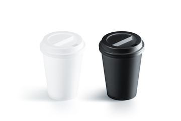 Fototapete - Blank black and white disposable paper cup with plastic lid mockup isolated, 3d rendering. Empty polystyrene coffee drinking mug mock up front view. Clear plain tea take away package