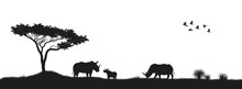 Black Silhouette Of Rhinoceroses And Trees In The Savannah. Animals Of Africa. African Landscape. Panorama Of Wild Nature. Vector Illustration