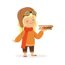 Cute Little Girl In Pilot Costume Playing With Toy Plane, Kid Dreaming Of Piloting The Plane Vector Illustration