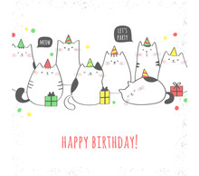 Happy Birthday Greeting Card With Cute Cats And Gifts. Birthday Party. Vector Illustration