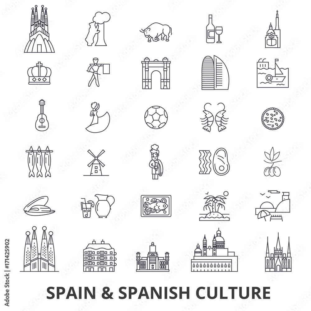 Spain, barcelona, madrid, spanish, flamenco, mediterrian line icons. Editable strokes. Flat design vector illustration symbol concept. Linear signs isolated on white background - obrazy, fototapety, plakaty 