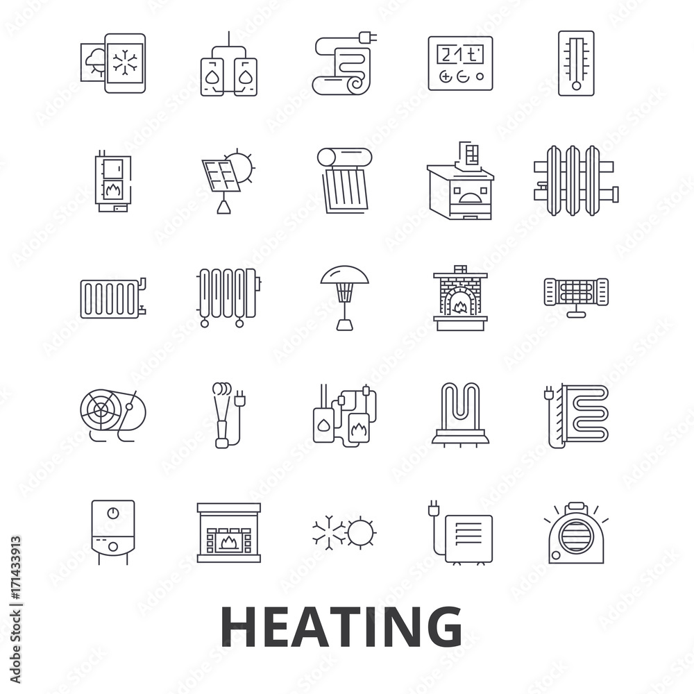 Heating, hot, heart, radiator, heater, heating system, fire, wave, warm, sun line icons. Editable strokes. Flat design vector illustration symbol concept. Linear signs isolated on white background