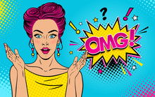 Wow Female Face. Sexy Surprised Young Woman With Open Mouth And Pink Pin Up Hair, Bright Makeup And OMG Speech Bubble. Vector Colorful Background In Pop Art Retro Comic Style. Party Invitation Poster.