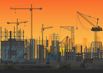Poster - Construction Skyline under construction sunset silhouette. Web Site head of new city exterior. Vector illustration.