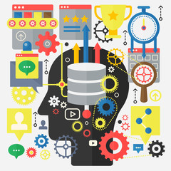 Poster - SEO Optimization, Web Development and Cloud Computing technology concept on the head silhouette background.