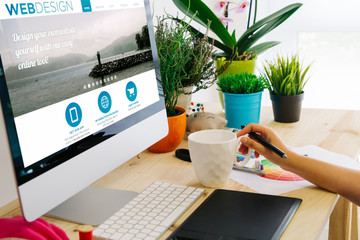 Poster - desk with computer and pen tablet web design