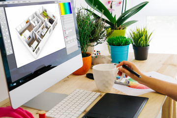 Poster - desk with computer and pen tablet interior design