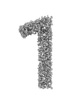 3D render of silver or grey alphabet make from bolts. small number 1 with clipping path. Isolated on white background