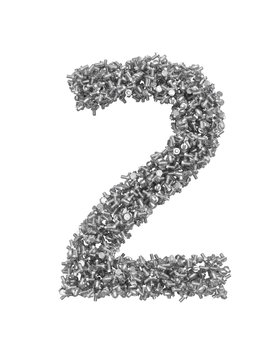 3D render of silver or grey alphabet make from bolts. small number 2 with clipping path. Isolated on white background