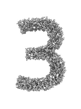 3D render of silver or grey alphabet make from bolts. small number 3 with clipping path. Isolated on white background