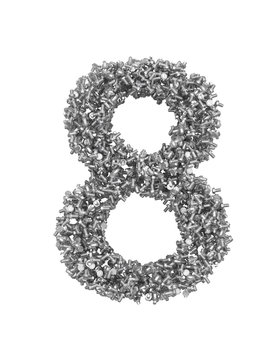 3D render of silver or grey alphabet make from bolts. small number 8 with clipping path. Isolated on white background