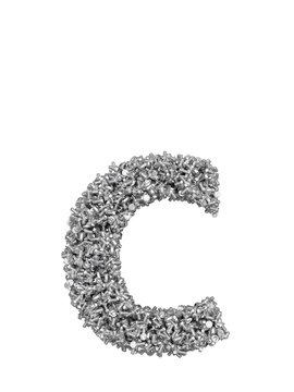 3D render of silver or grey alphabet make from bolts. small letter c with clipping path. Isolated on white background