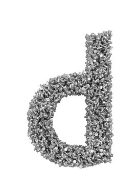 3D render of silver or grey alphabet make from bolts. small letter d with clipping path. Isolated on white background