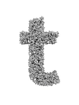 3D render of silver or grey alphabet make from bolts. small letter t with clipping path. Isolated on white background