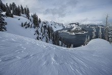 High Angle View Of Wizard Island At Crater Lake National Park During Winter