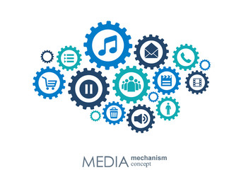 Media mechanism concept. Growth abstract background with integrated meta balls, integrated icon for digital, strategy, internet, network, connect, communicate, technology, global concepts