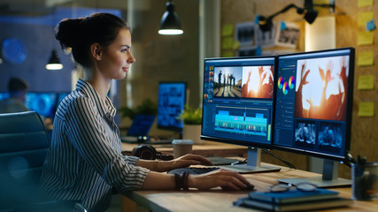 Poster - Beautiful Female Video Editor Works with Footage on Her Personal Computer, She Works in Creative Office Studio.