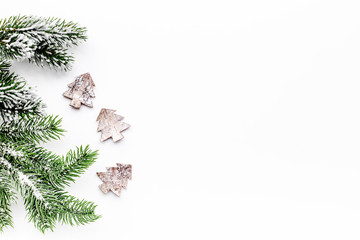christmas eve set with spruce branches and fur tree toys on white background top veiw mock-up