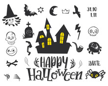 Set Of Silhouettes For Halloween Party. Hand Written Greetings Happy Halloween. BAt, Skull, Cat, Pumpkin, Spider, Bone, Grave, Ghost, Cross, Bird, Star, Castle And Overs