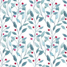 Watercolor Seamless Pattern With Christmas Leaves And Flowers. Hand Drawn Christmas Elements