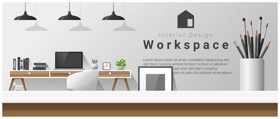 Interior design with table top and Modern office workplace background , vector , illustration