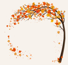 Autumn Background With A Tree And A Colorful Leaves. Vector.