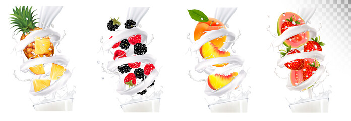 Wall Mural - Big collection of fruit in a milk splash. Strawberry, blackberry, peach, strawberry, guava, pineapple.  Vector Set