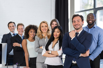 Mix Race Business People Group Standing At Modern Office, Businesspeople Happy Smiling Businessman And Businesswoman Colleague Team With Leader Boss Folded Hands