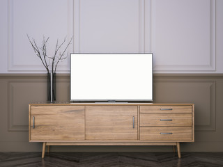 Wall Mural - Wooden tv stand with flat LCD television. 3d rendering