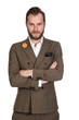 © _robbie_ - Cool trendy businessman in a brown suit and white shirt standing against a white background with a focused tough look.