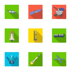 Space ship, Lunokhod, spacesuit and other equipment. Space technology set collection icons in flat style vector symbol stock illustration web.